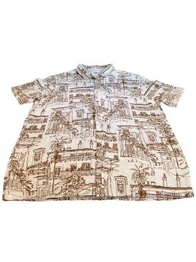 Folk Short-Sleeve Button-Down Shirt in Cream with Brown Sketch Print